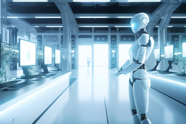 A robot stands in a building with a check in area.