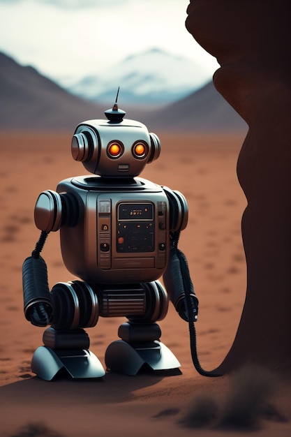 A robot stands in the desert with mountains in the background.