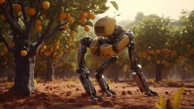 A robot stands in a field of orange trees.