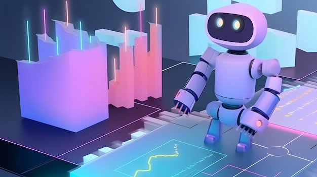 A robot stands in front of a cityscape.