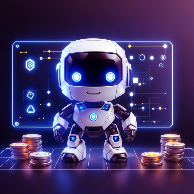 Robot stands in front of digital interface with glowing icons and blockchain network Generative AI