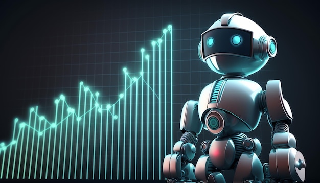 A robot stands in front of a graph that says'robot '