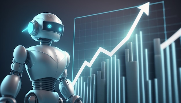 A robot stands in front of a graph that says'robot '