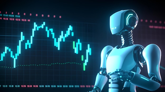 ロボットが 1、2、3、5、3、5、5、5、5、8、8、9 の数字が書かれた株価チャートの前に立っています。