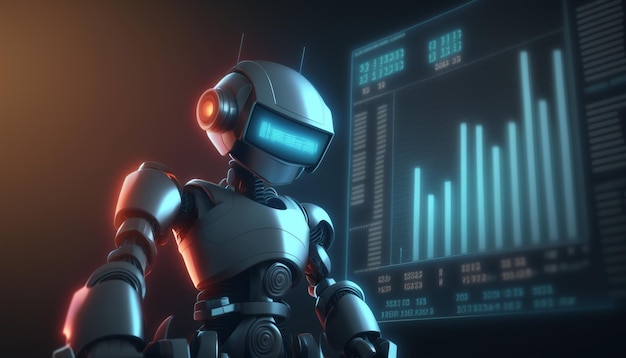 A robot stands in front of a stock chart.