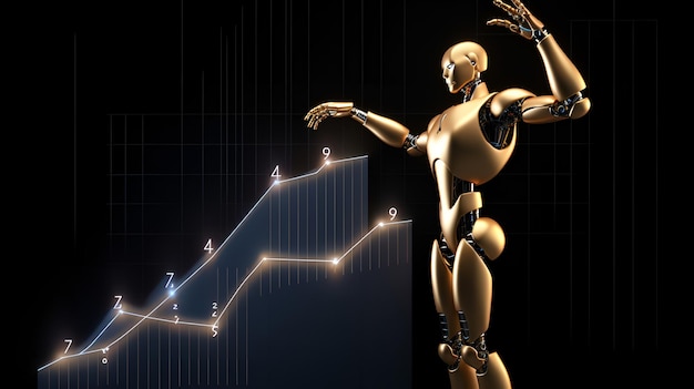 A robot stands on a graph with the words robot on it