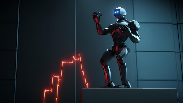 A robot stands on a ledge in front of a stock chart.