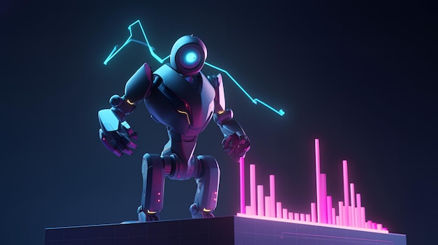 A robot stands on a ledge with a graph in the background.