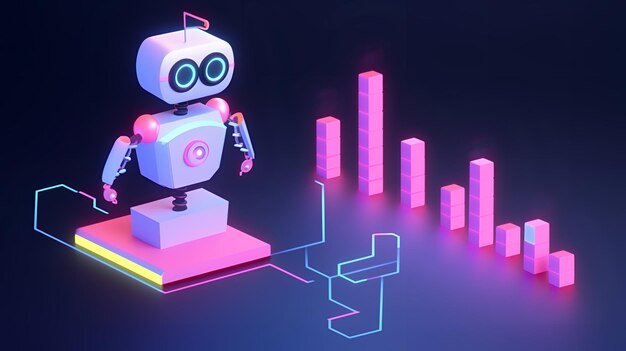 A robot stands on a platform with a bar graph in the background.