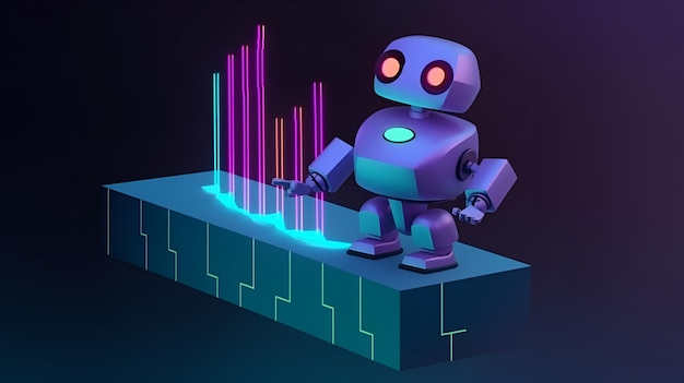 A robot stands on a platform with a bar graph in the background.