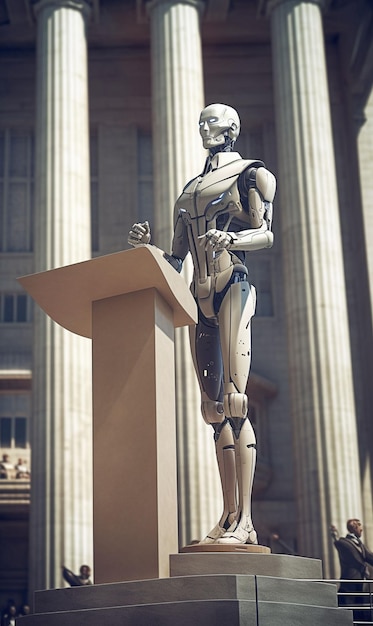 A robot stands behind a podium with a podium in front of it