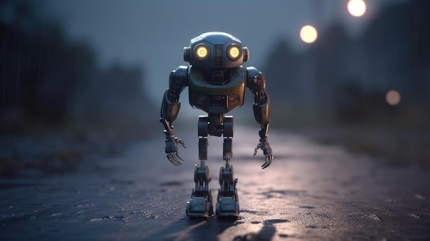 A robot stands on a road in a dark and cloudy night.