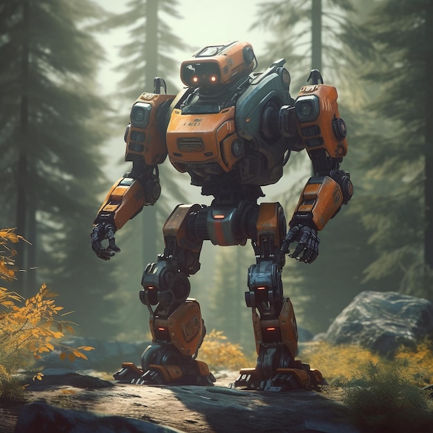 A robot stands on a rock in the woods with the words robot on it.