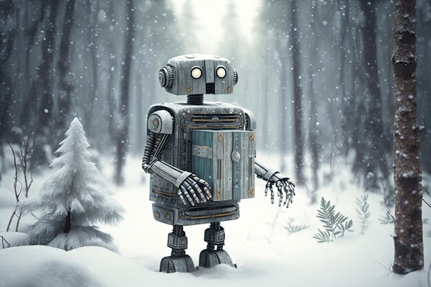 Robot stands on the side of a snowy forest with gift box in hand