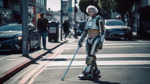 A robot in the street with a sword