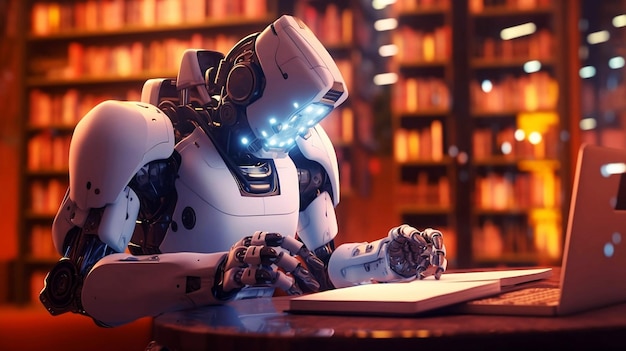 A robot studying in library