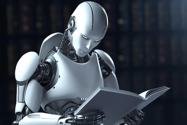 Robot studying with books outdoors