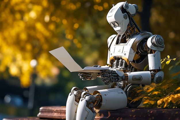 Robot studying with books outdoors