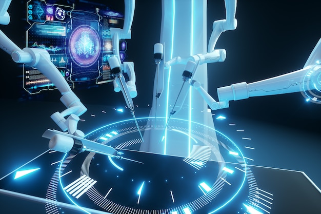 Robot surgeon, robotic equipment. Minimally invasive surgical innovation with three-dimensional overview. technology, the future of medicine, surgeon. 3D render, 3D illustration.