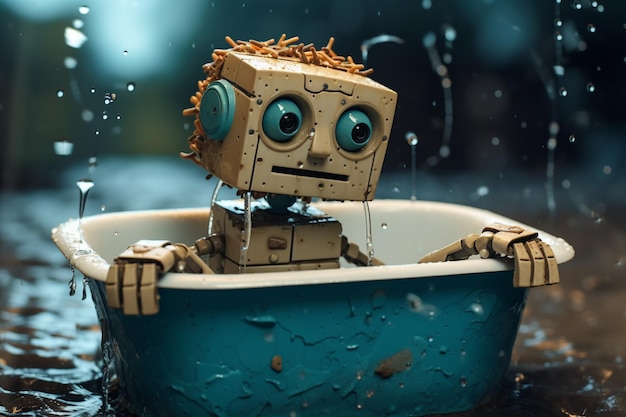 Photo robot taking a bath in the bathtub with water drops