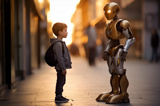 robot talking with young boy kid bokeh style background
