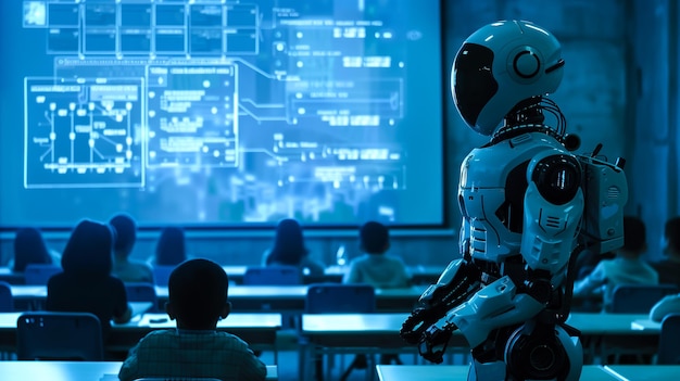 A robot teacher teaches a group of young students in a futuristic classroom Generative Ai