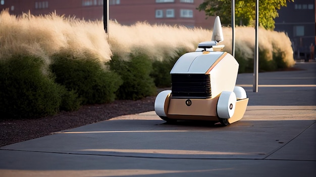 A robot that is driving down a road