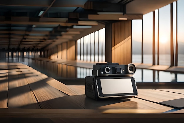 A robot that is sitting on a bench in a gym