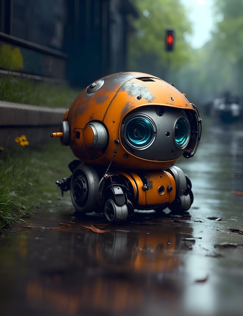 A robot that is sitting on the road