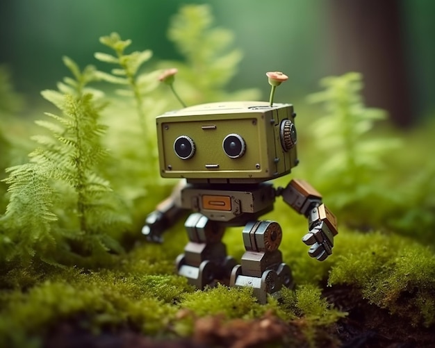 A robot that is standing in the grass