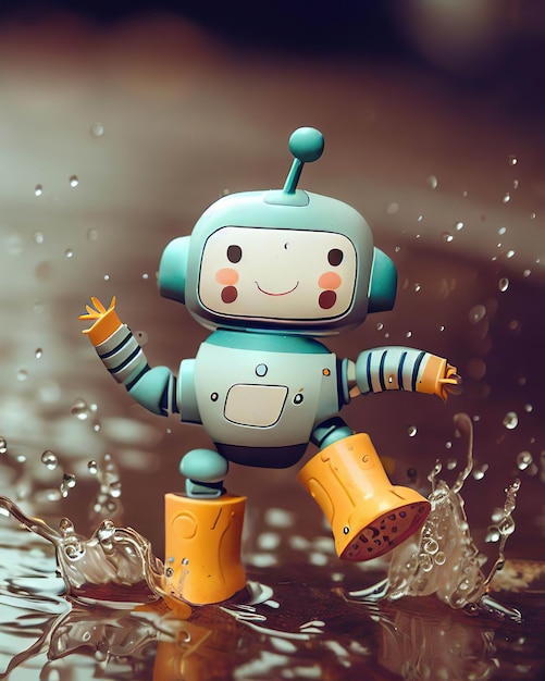 A robot that is standing in a puddle with the word robot on it.