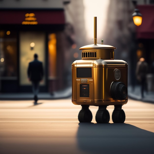 A robot that is on the street in front of a store.