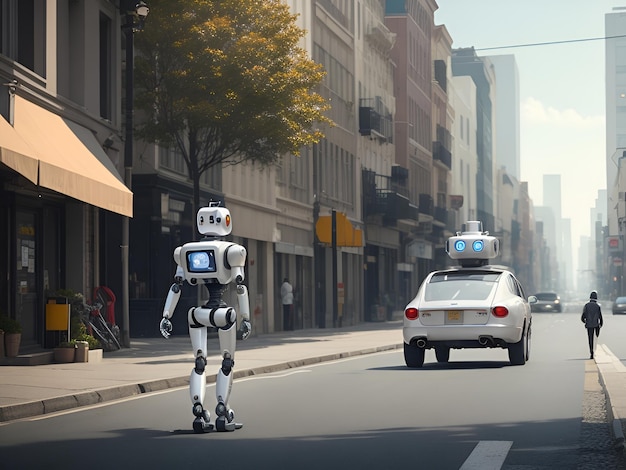 A robot that is on the street with a car behind it