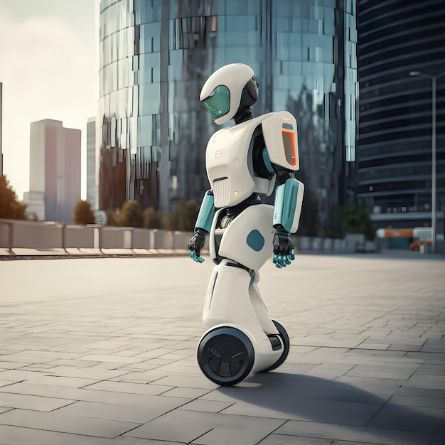 A robot that is walking in the street with a building in the background.