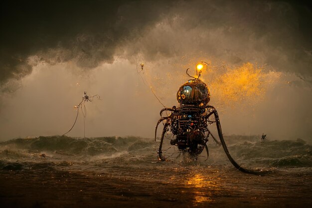 Photo a robot that is in the water with a string attached to it