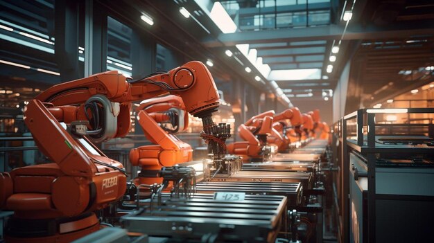 a robot that says " robot " sits in a factory.