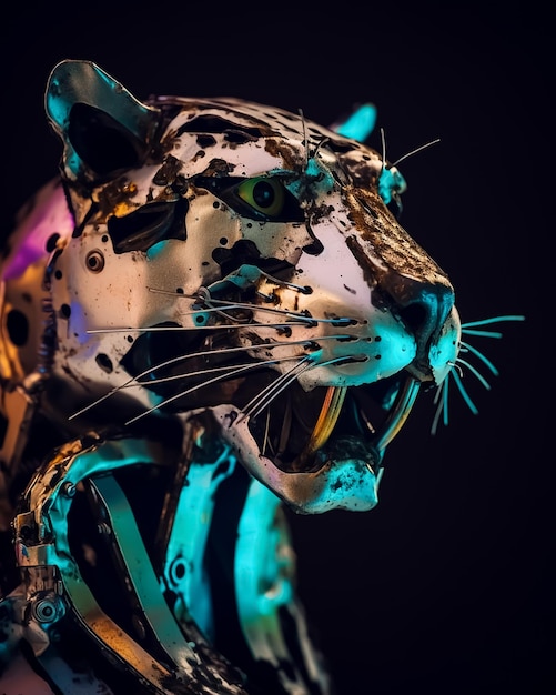 Photo a robot tiger with a blue and green light on its face