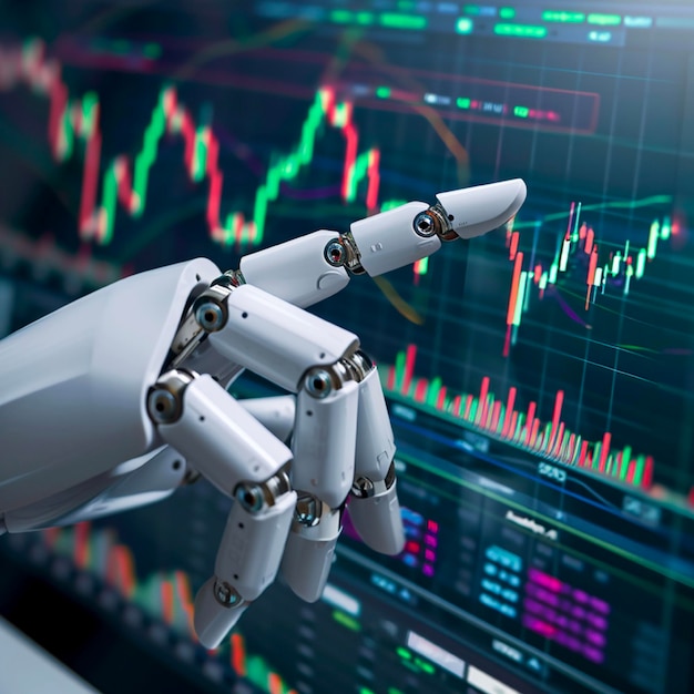 Robot trader AI for automation trading on stock market Hand robot point at candlestick graph on