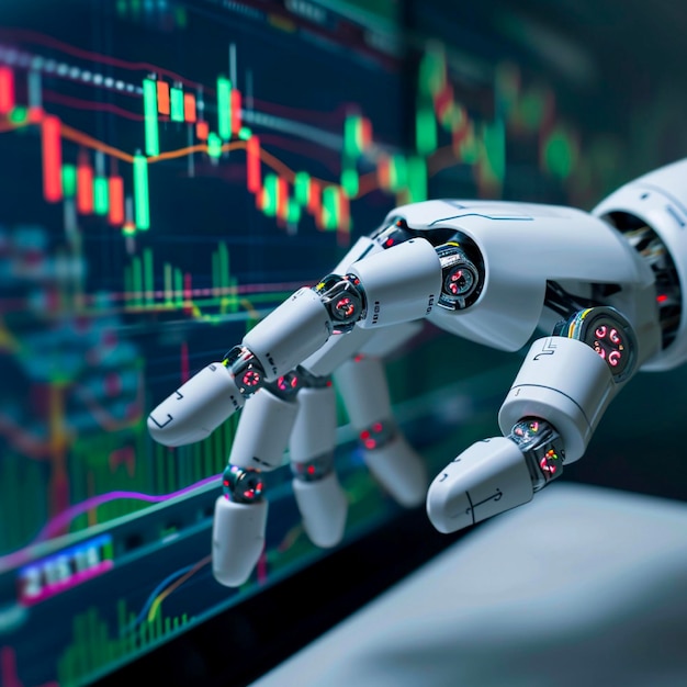 Robot trader AI for automation trading on stock market Hand robot point at candlestick graph on