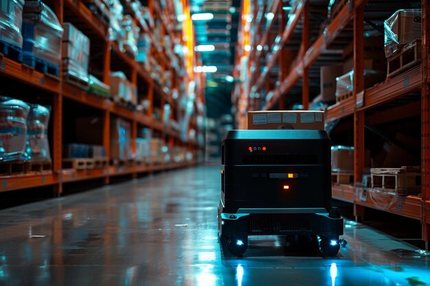 A robot for transporting goods is in a warehouse with a blue light on it