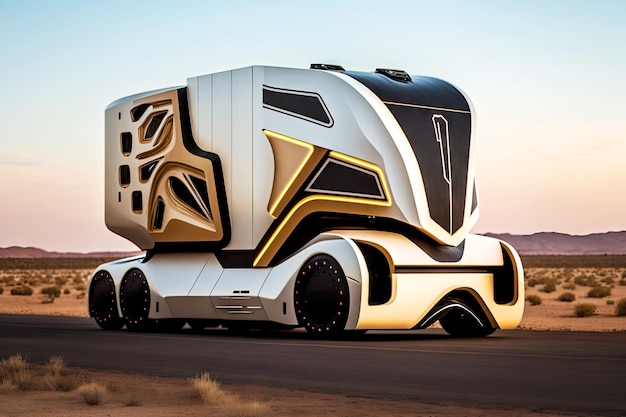 Robot truck for autonomous cargo transportation of the future rides on highway generative ai