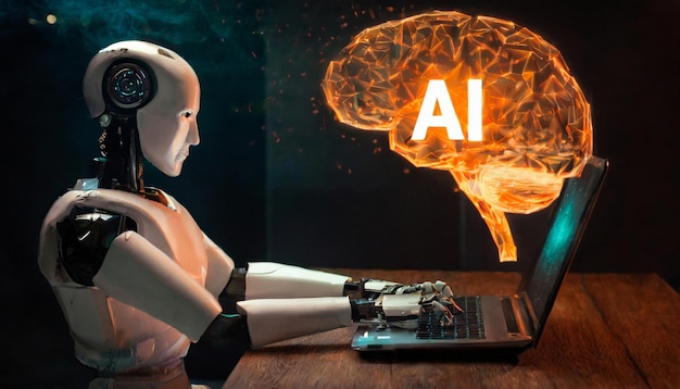 ロボットがキーボードにタイピングしその上にAとIの文字が書かれています