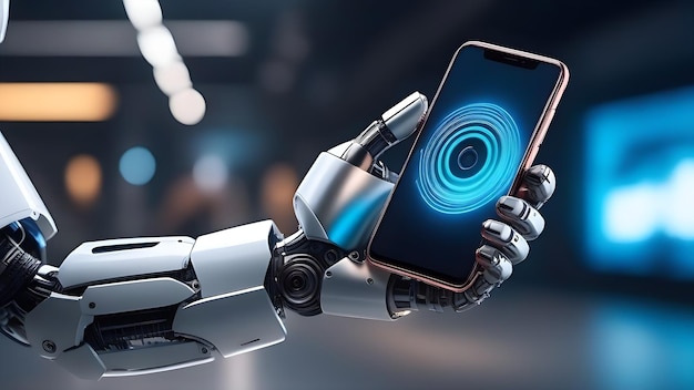 ロボットが携帯電話を使っている スマートフォン AI チャットボット 携帯電話の画面を表示
