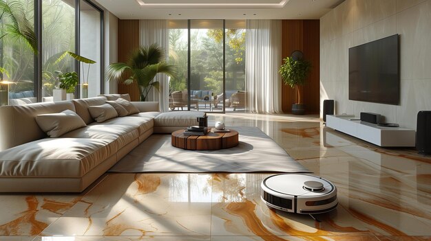 a robot vacuum cleaner cleaning a living room in a sleek style white background