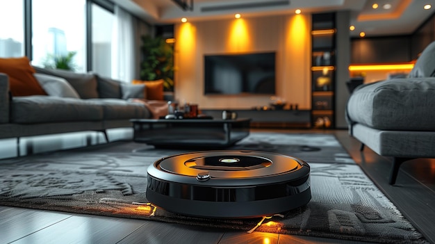 a robot vacuum cleaner cleaning a living room in a sleek style white background