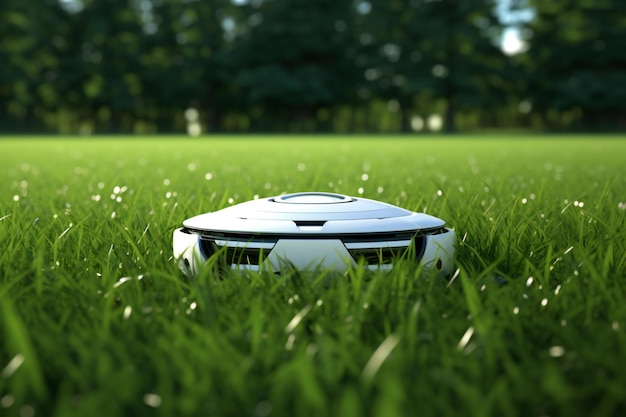 Robot vacuum cleaner on green grass in park