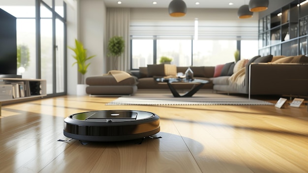 Robot vacuum cleaner in the modern living room