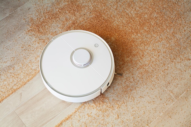 Robot vacuum cleaner performs automatic cleaning of the apartment at a certain time Smart home