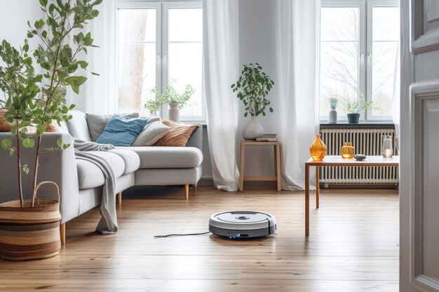 Robot vacuum navigating around a sleeping cat on the floor created with generative ai