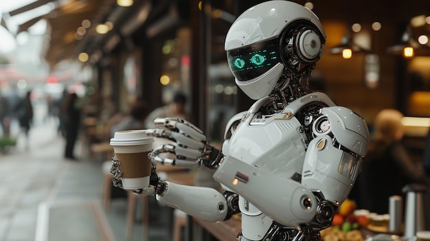 Robot waiter carries a coffee in a cafe